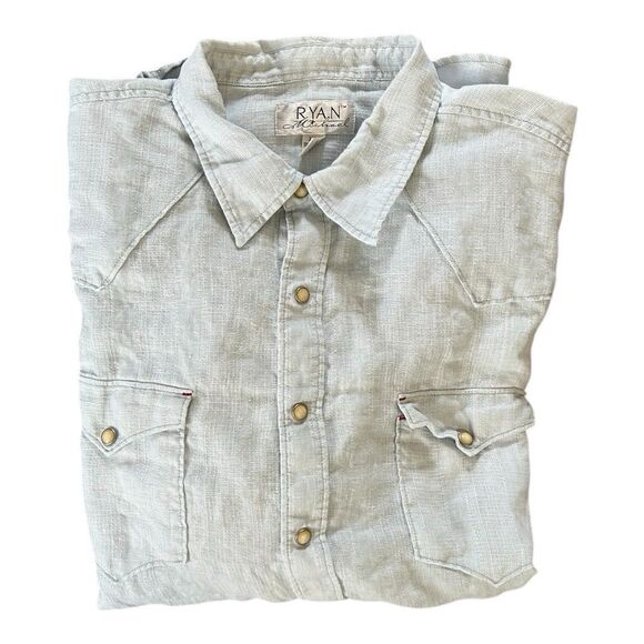 Ryan Michael Shirt Men’s XXL Western Pearl Snap Linen Chambray Blue Whipstitch - Picture 9 of 9